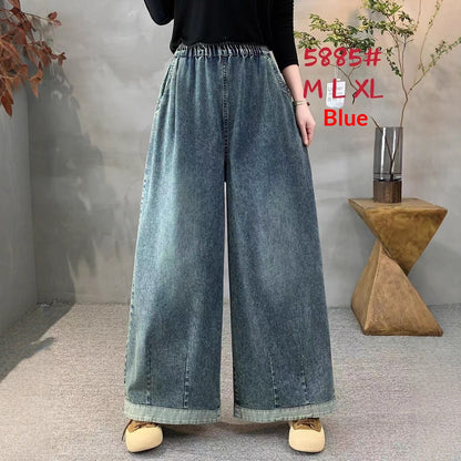 Loose-fitting High-waisted Elastic-waist Wide-leg Jeans For Women