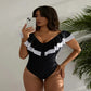 One-piece Black And White Ruffled Hem Tummy-flattering Slimming Swimsuit