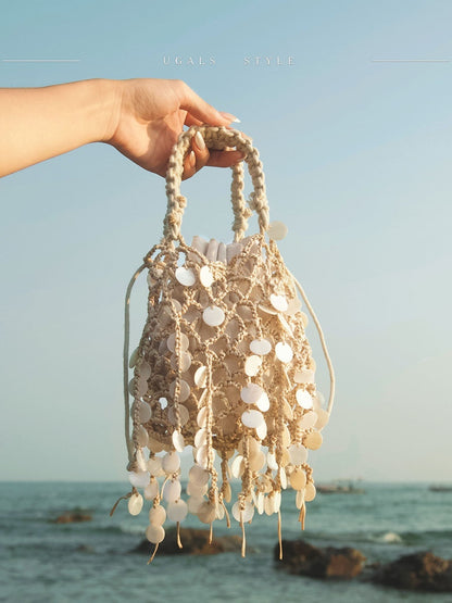 French-style Retro Sequined Woven Tassel Cotton-Linen Shell-shaped Hollow Elegant Clutch Bag
