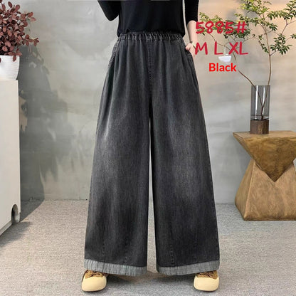 Loose-fitting High-waisted Elastic-waist Wide-leg Jeans For Women