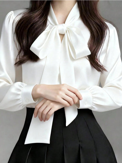 Sophisticated Early Spring Light-Luxury Satin Shirt With Ribbon Ties