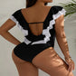 One-piece Black And White Ruffled Hem Tummy-flattering Slimming Swimsuit