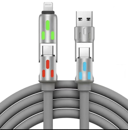 Colorful LED Silicone 4-in-1 Charging Cable with Zinc Alloy PD 100W Fast Charging, 6A Car Charger, Multi-functional Universal Compatible Charging Cable