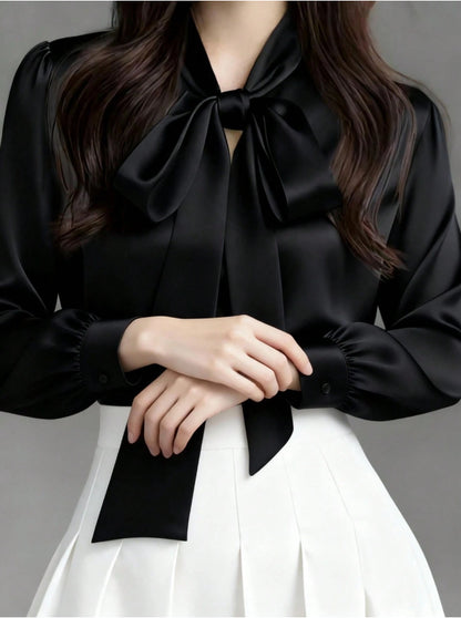 Sophisticated Early Spring Light-Luxury Satin Shirt With Ribbon Ties