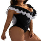 One-piece Black And White Ruffled Hem Tummy-flattering Slimming Swimsuit