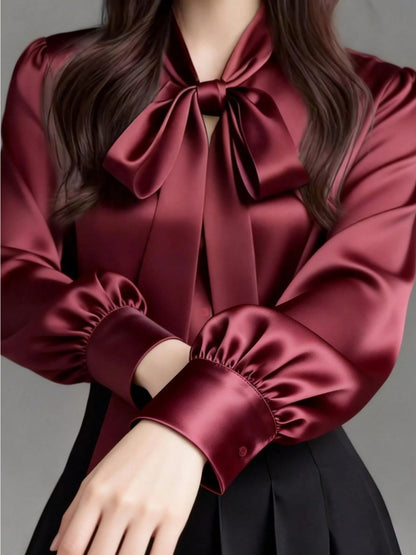 Sophisticated Early Spring Light-Luxury Satin Shirt With Ribbon Ties